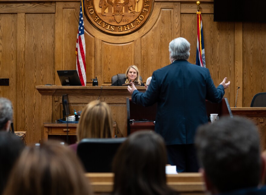 Jay Jerde, special assistant attorney general for the state, addresses 9th Judicial District Court Judge Melissa Owens during a summary judgment hearing Thursday in Teton County District Court. Following nearly four hours of arguments, Owens did not make a ruling from the bench, leaving the fate of abortion access in Wyoming undecided.