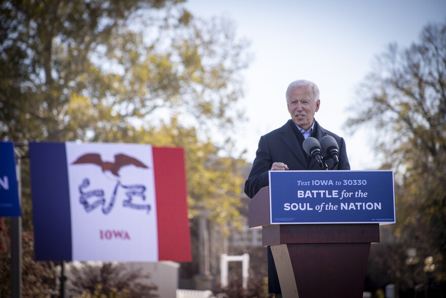 Democratic Presidential Nominee Joe Biden speaks at a drive-in rally at the Iowa State Fairgrounds four days before Election Day on 10/30/2020.