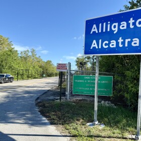 The entrance to the 'Alligator Alcatraz' immigrant detention center, in the Everglades.