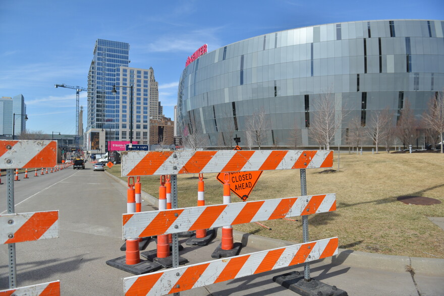  Barricades and traffic cones are already set up at the intersection of Oak Street and Truman Road North near T-Mobile Center on Tuesday. More lane and street closures are set to take place as the Big 12 Basketball Championship kicks off Wednesday.