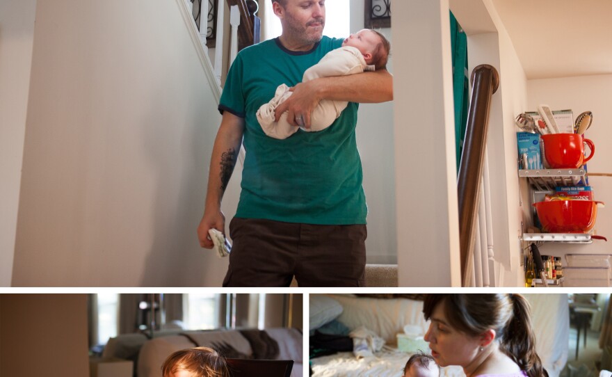 (Top) Just after Mike gets home Olivia wakes up from a short nap. (Left) Benjamin eats dinner after getting home from preschool. Mike picks him up every day on his way home from work. (Right) Stephanie holds Olivia after prepping dinner for the family.