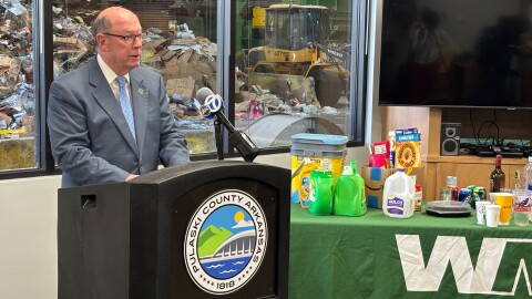 Pulaski County Judge Barry Hyde speaks at the Waste Management facility at the Port of Little Rock on Tuesday, Nov. 25, 2025.