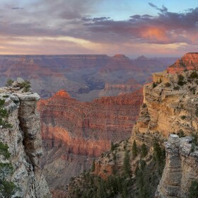 A view into the Grand Canyon at sunset.