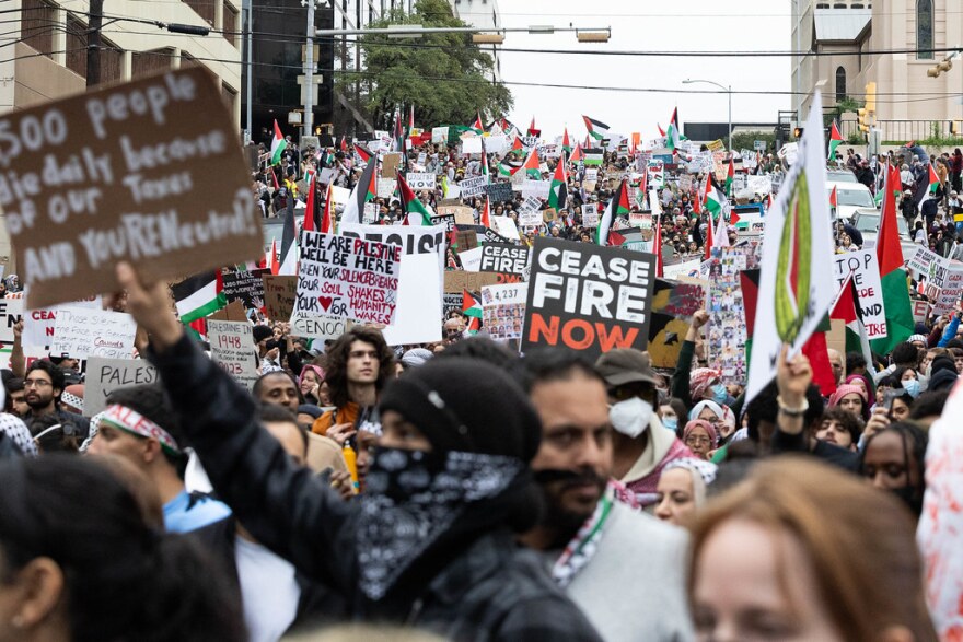 An estimate of over 10,000 protestors rallying during the All Out For Palestine Rally held at the Texas State Capitol in Austin, Sunday, Nov. 12, 2023 in protest of the ongoing Israel-Hamas war.