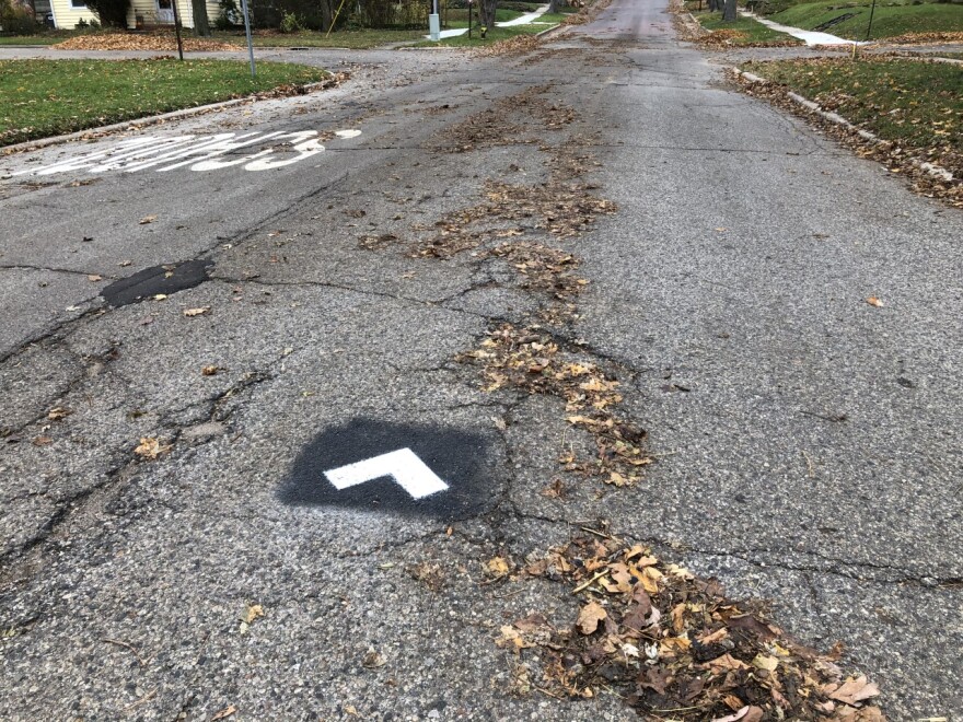 A low-angle shot of a white upside-down v in a black rectangle, painted on faded asphalt strewn with leaf matter. Some grass to the sides of the road is visible.