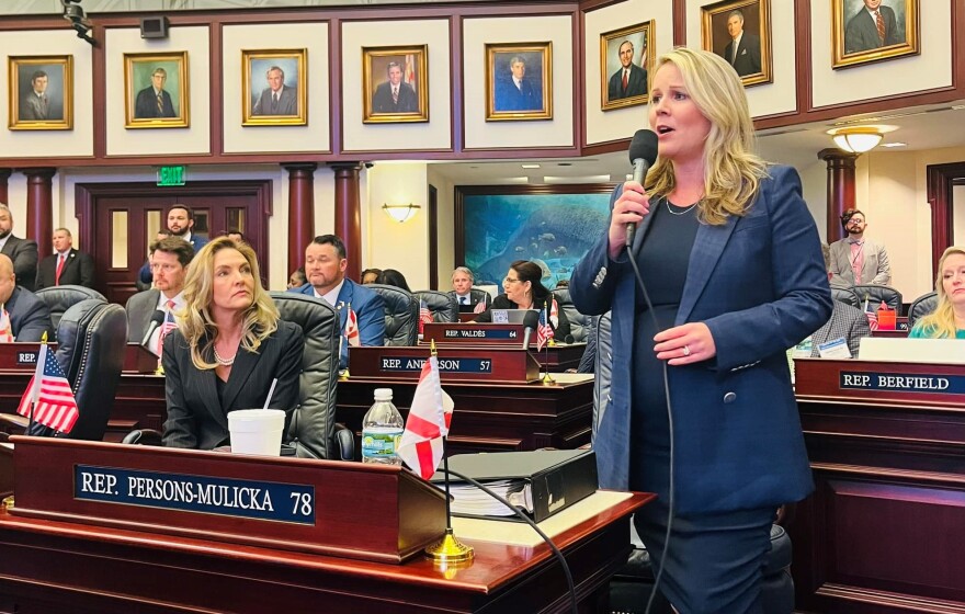 State Rep. Jenna Persons-Mulicka, R-Fort Myers, who sponsored the House version of the bill, gives closing remarks after hours of emotional debate and before the House vote on Thursday, April 13, 2023. Looking on is Rep. Jennifer Canady, R-Lakeland.