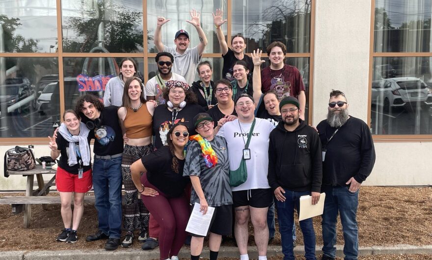 Post-harvest employees at Proper Cannabis cultivation facility celebrate after filing a petition to hold a union election on Wednesday.