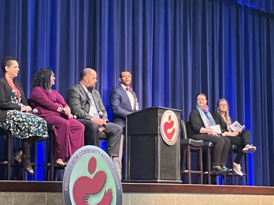 Moline Mayor Sangeetha Rayapati (second from left), whose city hosts the Project NOW emergency shelter until April 15, on a panel about homelessness, April 9, 2026.