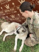 1st Lt. Shelby Koontz and Rumi meet after her overnight shift ends. They sit for a scratch session next to the dog house that the soldiers built for Rumi on base.