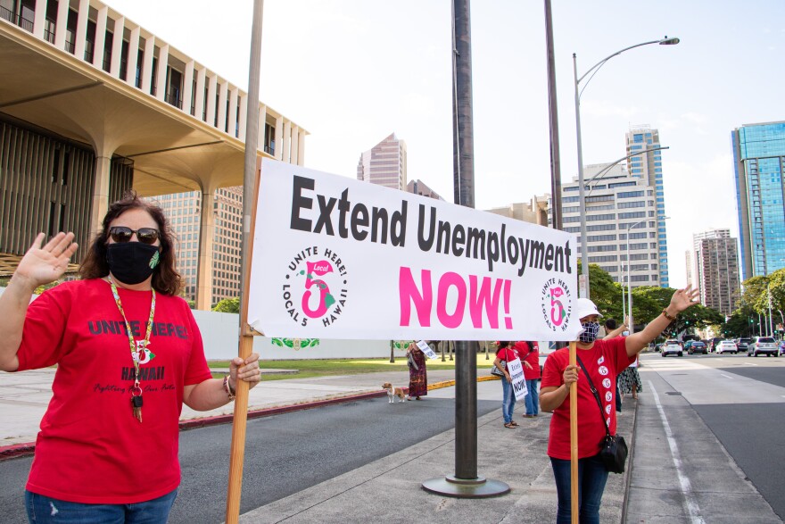 Hotel employees demonstrated in front of the state capitol on Tuesday, September 21, 2021. Workers are demanding the state extend its unemployment benefits after hotels started furloughing employees or cutting their hours due to a sharp decline in visitor arrivals.