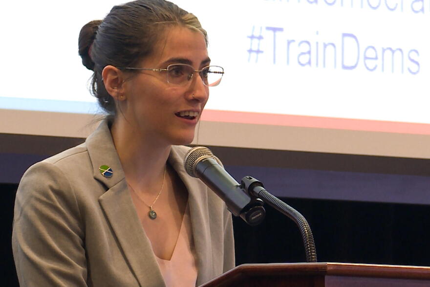 Fishers City Councilor Sam DeLong speaks at the National Democratic Training Committee and Indiana Democratic Party's one-day training Saturday.