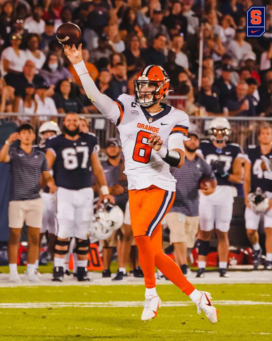 Garrett Shrader (6) throws one of his 23 passes on Saturday against UConn. SU's QB completed 87% of his tosses.