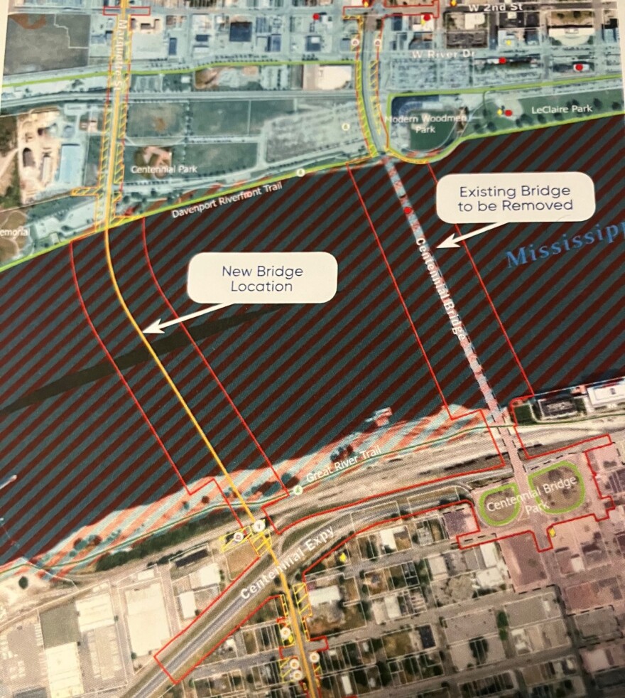 A map of the location of a new bridge (left) connecting 11th Street in Rock Island to Marquette in Davenport.