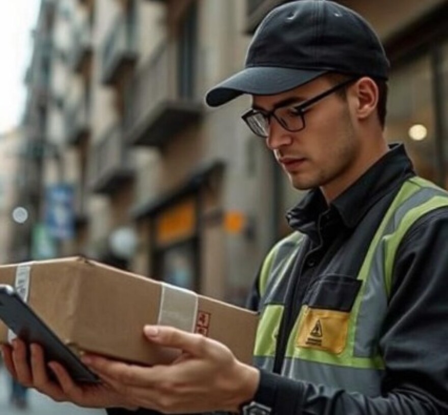 A delivery driver holding a package.