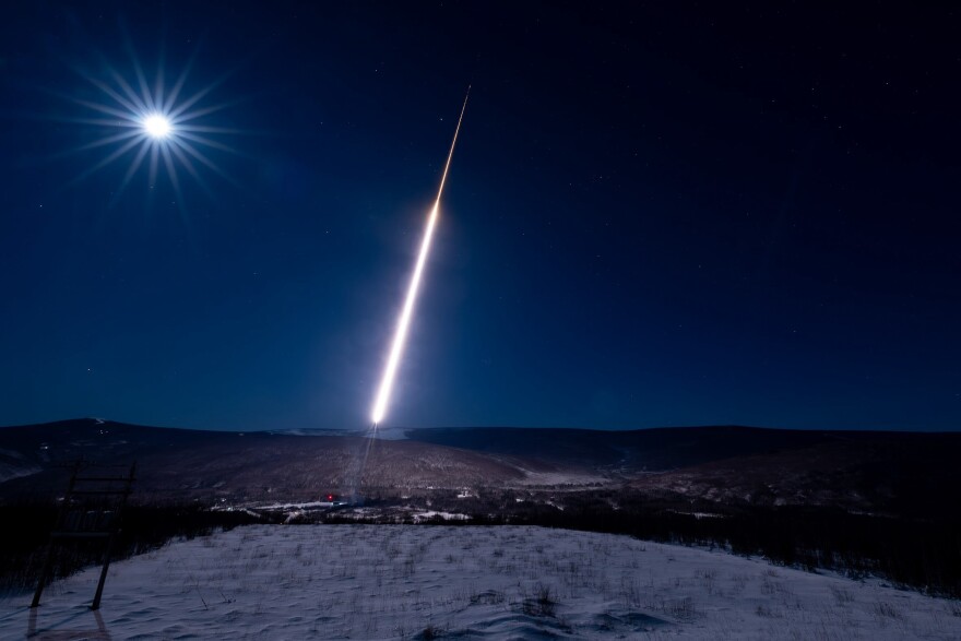 The PolarNOx auroral research rocket lifts off from the University of Alaska Fairbanks Geophysical Institute's Poker Flat Research Range in the early hours of Jan. 30, 2026.