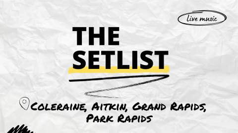 "The Setlist" and "Coleraine, Aitkin, Grand Rapids, Park Rapids" written over a crumpled paper background.