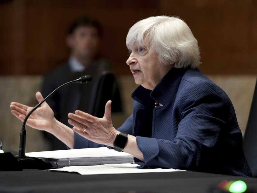 Treasury Secretary Janet Yellen testifies before a Senate Appropriations subcommittee on Capitol Hill in June. Yellen is warning of a potential "economic catastrophe" if Congress does not raise the debt ceiling.