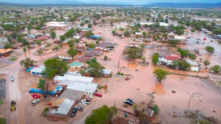Screenshot from drone footage taken above the Pueblo of Zuni after flooding.