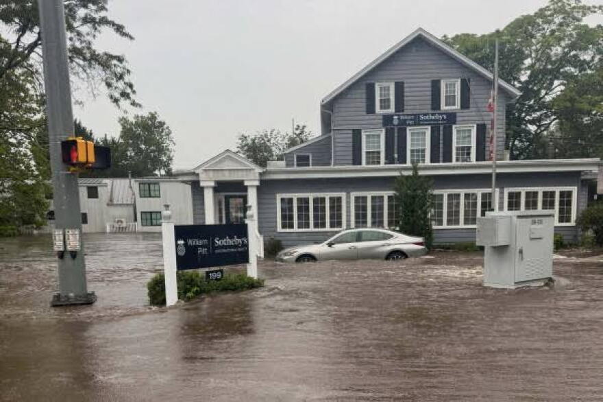 This photo provided by the Westport Fire Department shows flash flooding in Westport on Sept. 13, 2026 (Provided by the Westport Fire Department via AP)