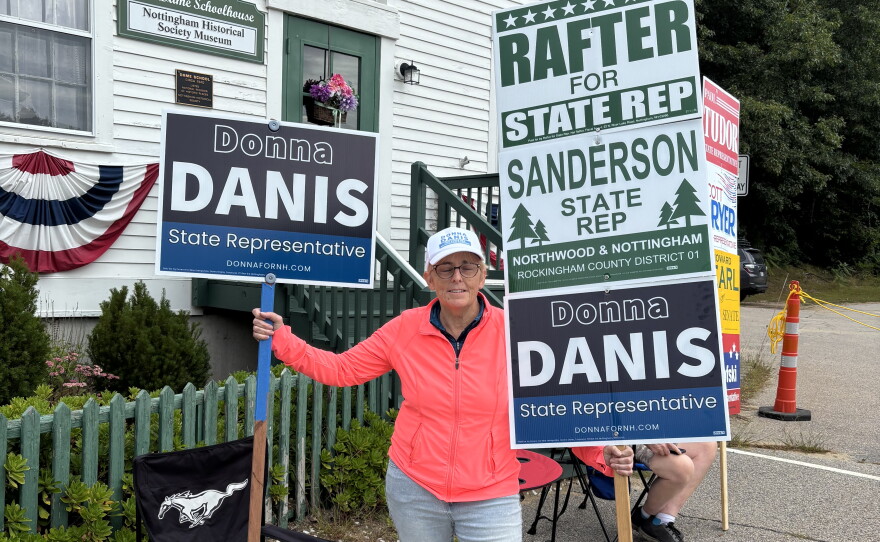 Donna Danis, who is running for state representative in Nottingham, outside the polls Sept. 8, 2026. She is in favor of a proposed temporary moratorium on data centers in Nottingham.