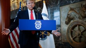 Republican presidential candidate and former U.S. President Donald Trump delivers remarks after meeting with leaders of the International Brotherhood of Teamsters at their headquarters in Washington, DC.