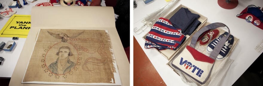 (Left) An old banner for Thomas Jefferson's campaign in 1800 has printed on it "T. Jefferson President of the United States of America / John Adams is no more." (Right) For the 1972 presidential election the age to vote was lowered to 18. Clothes were used to bring in younger voters.