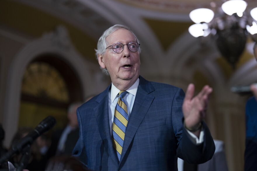 Senate Minority Leader Mitch McConnell, R-Ky., speaks to reporters following a closed-door policy meeting, at the Capitol in Washington, Tuesday, March 7, 2023. He's recovering at home from a concussion and a rib fracture after a recent fall. (AP Photo/J. Scott Applewhite)
