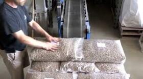 Packaged wood pellets on a conveyor.