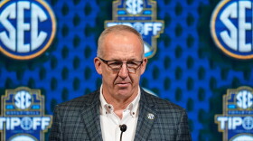 FILE - Greg Sankey, commissioner of the Southeastern Conference, speaks during NCAA college basketball women's SEC Media Day, Oct. 16, 2024, in Birmingham, Ala. (AP Photo/Mike Stewart, File)