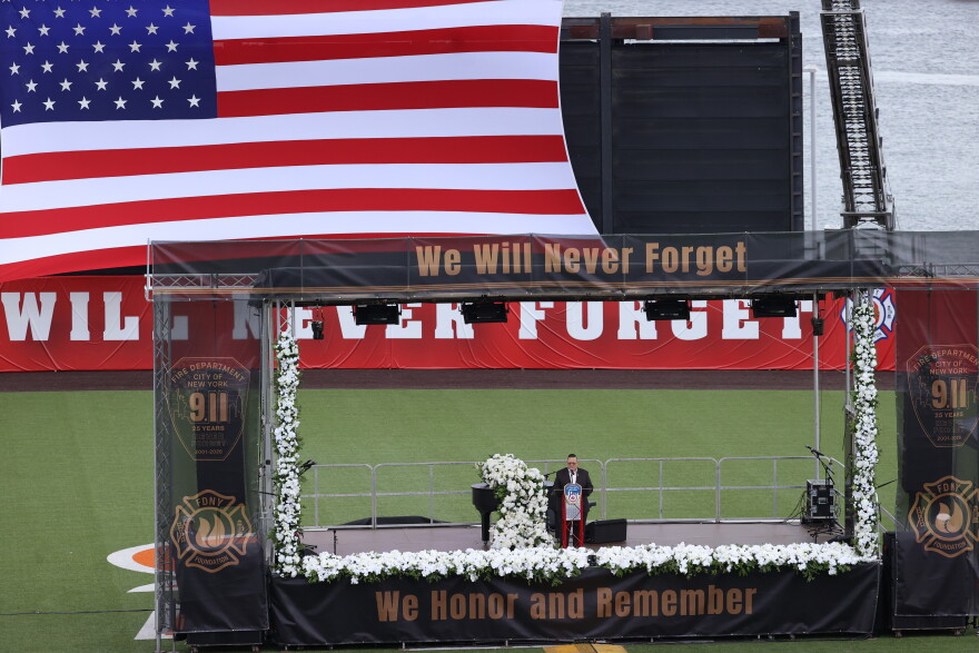 FDNY commissioner Lillian Bonsignore speaks during a memorial to commemorate the 25th anniversary of the 9/11 attacks, Wednesday, Sept. 9, 2026, in the Staten Island borough of New York. 