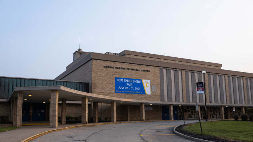 Manual Career and Technical Center is pictured at twilight Aug. 4 in Kansas City. An Evening Academy located in the building will offer high school from 4-7 p.m. for traditional students who find it more convenient than a standard schedule.