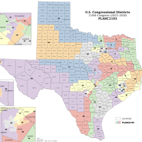 The current Texas house congressional district map.
