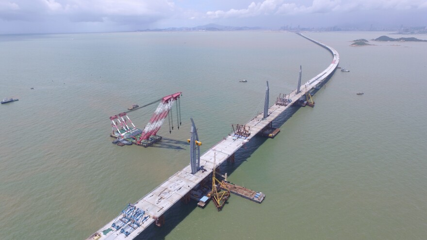 An aerial view shows construction of the Hong Kong-Zhuhai-Macau Bridge in June 2016 in Zhuhai in China's Guangdong Province.