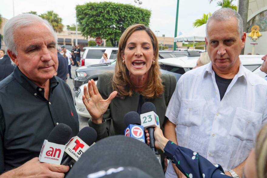 CAPITALIZING ON CUBA Miami Congressmembers Carlos Gimenez (left), Maria Salazar (middle) and Mario Diaz-Balart in Little Havana this week.