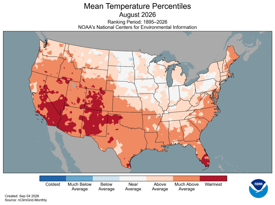 A U.S. state map color-coded to show average temperature. Almost all of the West is coded as "much above average," as well as the South and along the Atlantic coast. The West is the only area besides Florida marked "warmest," which is the hottest category. Everywhere else on the map is near or below average, with none in "much below average" or "coldest."
