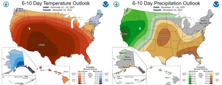 Holiday week temperature and precipitation outlook.