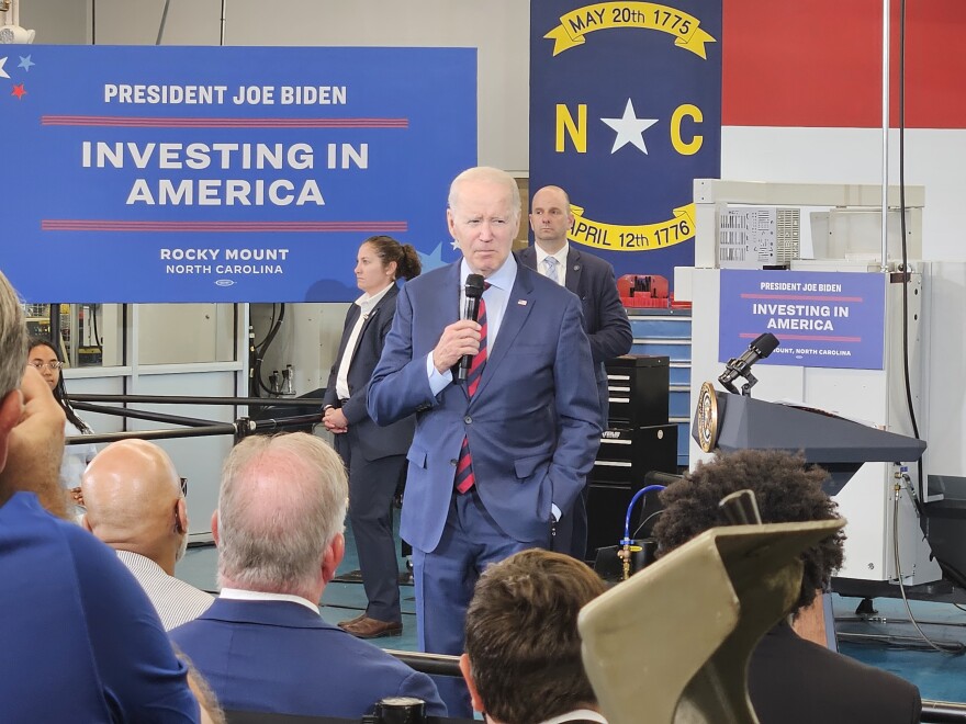 President Joe Biden speaks about workforce training programs at Nash Community College in Rocky Mount.