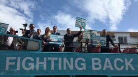 Nigel Farage (left, with megaphone), leader of the new Brexit Party, which went into Thursday's European elections ahead in the opinion polls, addresses crowds in Clacton-on-Sea, England, last month. Farage routinely excoriates the European Union in his stump speeches.