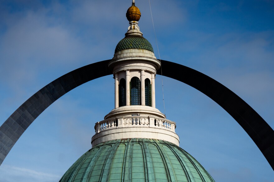 The Old Courthouse intersects the Gateway Arch on Monday, March 31, 2025, in downtown St. Louis.