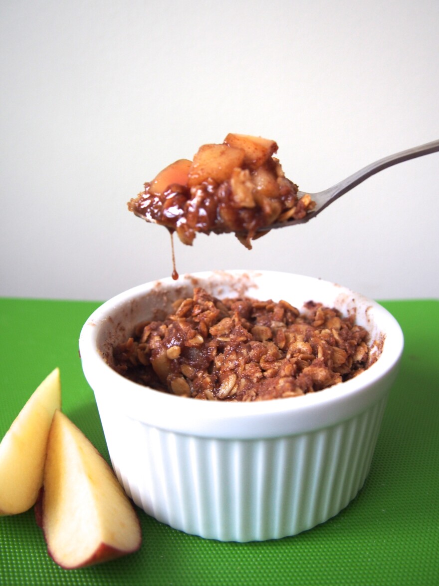 Hu baked this single-serving <a href="http://notyouraveragecollegefood.com/2013/10/24/single-serving-apple-crumble/">apple crumble cake</a> in her toaster oven.