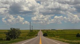 A desolate Highway 36 runs past what is now a ghost town on the eastern plains in Cabin Creek, Colorado.