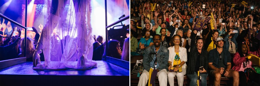 Left: A performer dances during the official opening of the Hard Rock Hotel and Casino in Atlantic City, N.J. on Thursday. Right: Patrons cheer during a performance for the opening ceremonies on opening day of the Hard Rock Hotel and Casino in Atlantic City, N.J. on Thursday.