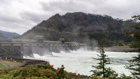 Water rushing through a dam in front of a hill. 