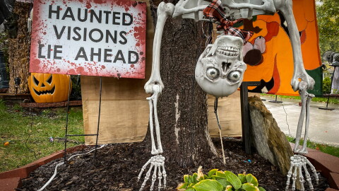 Torres combines humor with the ghoulish to decorate his yard for Halloween.