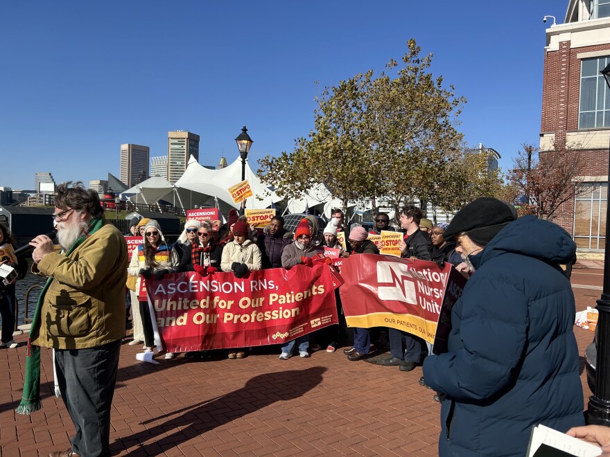 St. Agnes Hospital nurses rally outside the U.S. Conference of Catholic Bishops in Harbor East Baltimore. 