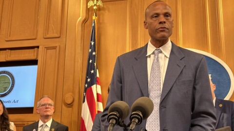 Lawrence Funderburke, the former pro basketball player, at a 2026 news conference.