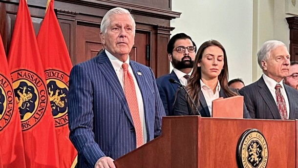 In this file photo, Nassau County Executive Bruce Blakeman, at podium, speaks during a news conference in Mineola on March 6, 2024.
