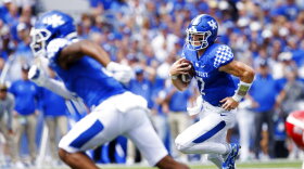 Kentucky quarterback Will Levis (7) runs the ball up the field during the first half of an NCAA college football game against Youngstown State in Lexington, Ky., Saturday, Sept. 17, 2022. (AP Photo/Michael Clubb)