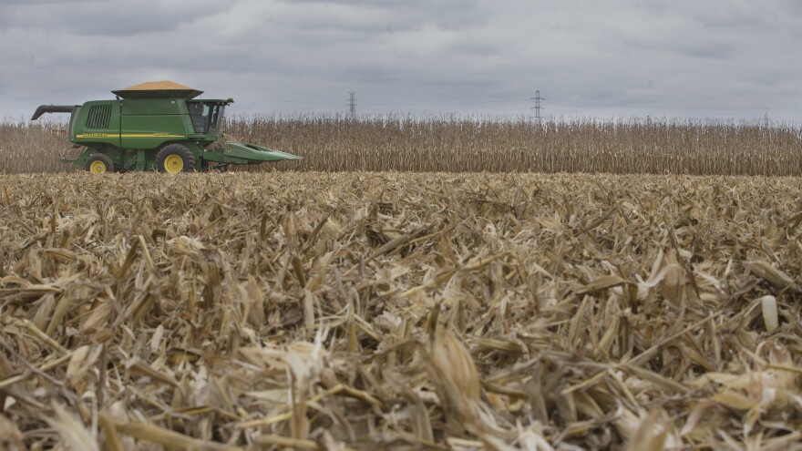 A loaded combine during a late corn harvest in Hamilton, Ohio. [John Minchillo / AP]