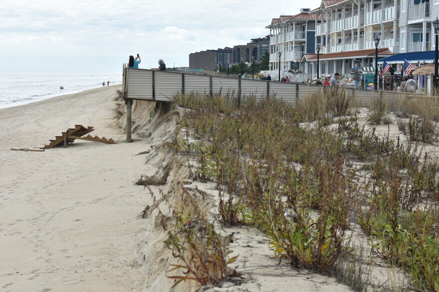 Erosion of dunes at Bethany Beach have made the sand beaches inaccessible for a time, what used to be a gradual decline is now a steep drop. Gov. Meyer estimates the town lost "three quarters" of their dunes.